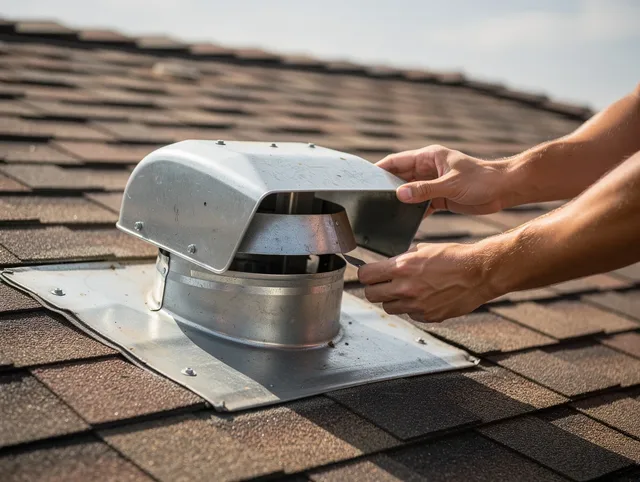 Watertown Dryer Vent Cleaning certified technician safely cleaning a roof-mounted dryer vent in Watertown