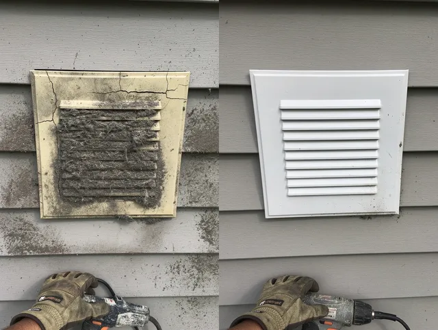 Watertown Dryer Vent Cleaning technician installing high-quality dryer vent cover at a residential property in Watertown