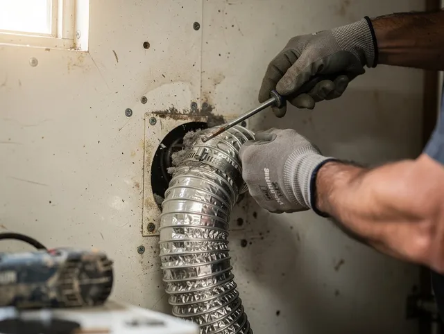 Watertown Dryer Vent Cleaning technician performing precise dryer vent hose installation in Watertown